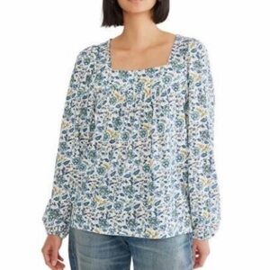 Lucky Brand Ladies Square Neck Top Floral Peasant Ling Sleeve Size XL
